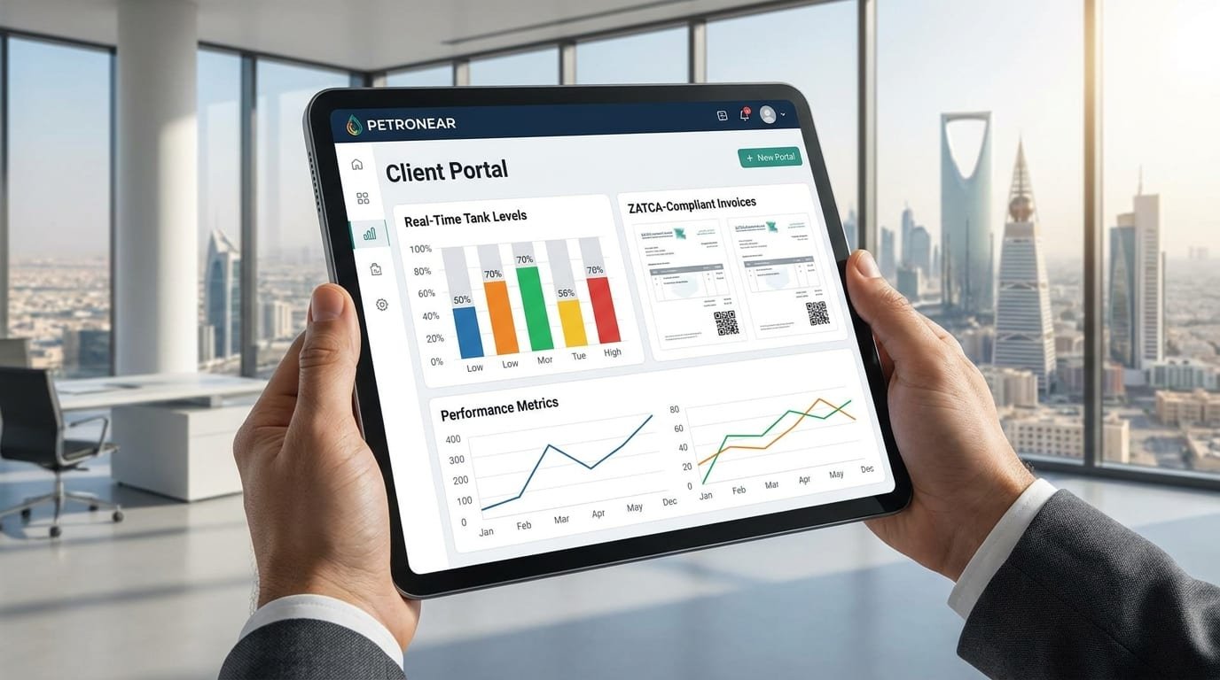 جهاز لوحي يعرض لوحة تحكم بوابة العميل فوق أفق الرياض